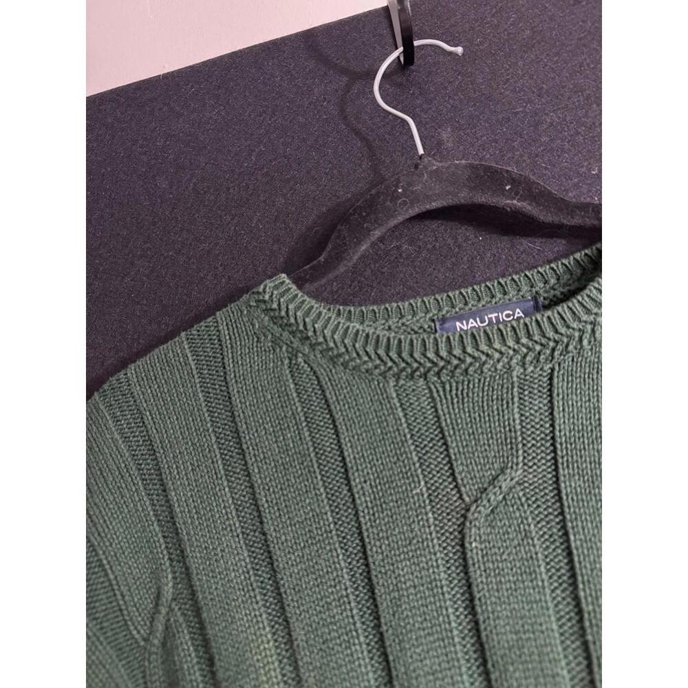 Nautica Chunky Knit Cotton Grandpa Sweater Green Medium Classic - Picture 6 of 9